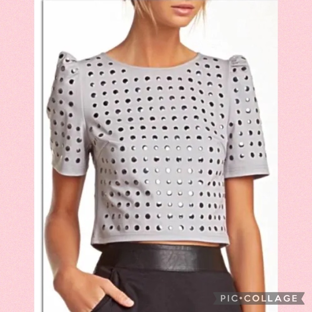 Stella & Jamie Studded Gray Puff Sleeve Crop Top Size XS X-Small NWOT